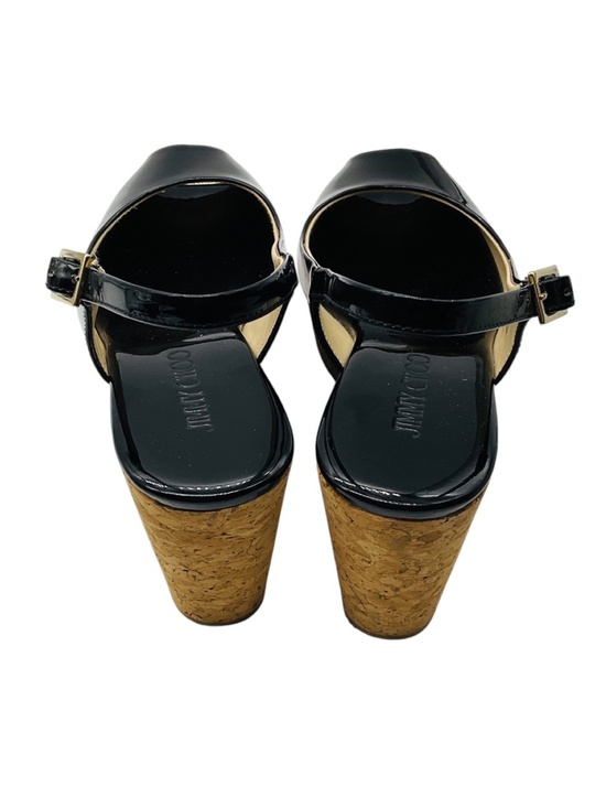 s-l400.jpg JIMMY CHOO BLACK PATENT LEATHER CORK PLATFORM WEDGE SANDALS